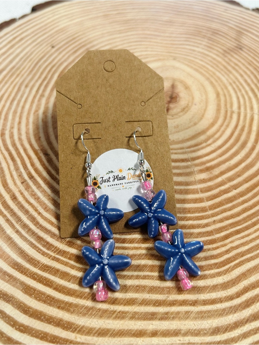 Blue Starfish Dangle Earrings Pink Beaded ocean Cottagecore Boho Jewelry - Picture 2 of 3